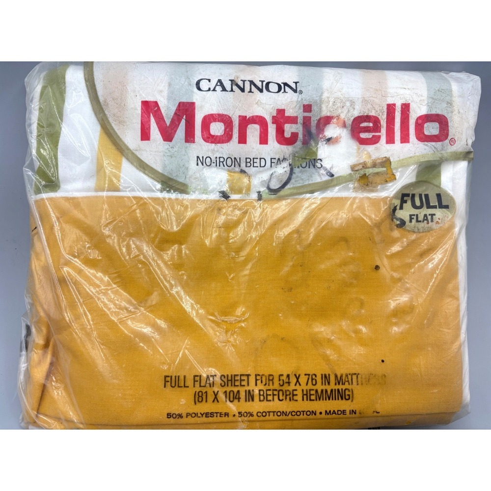 Vintage Cannon Monticello Full Flat Sheet Striped Yellow Green Retro No-Iron New